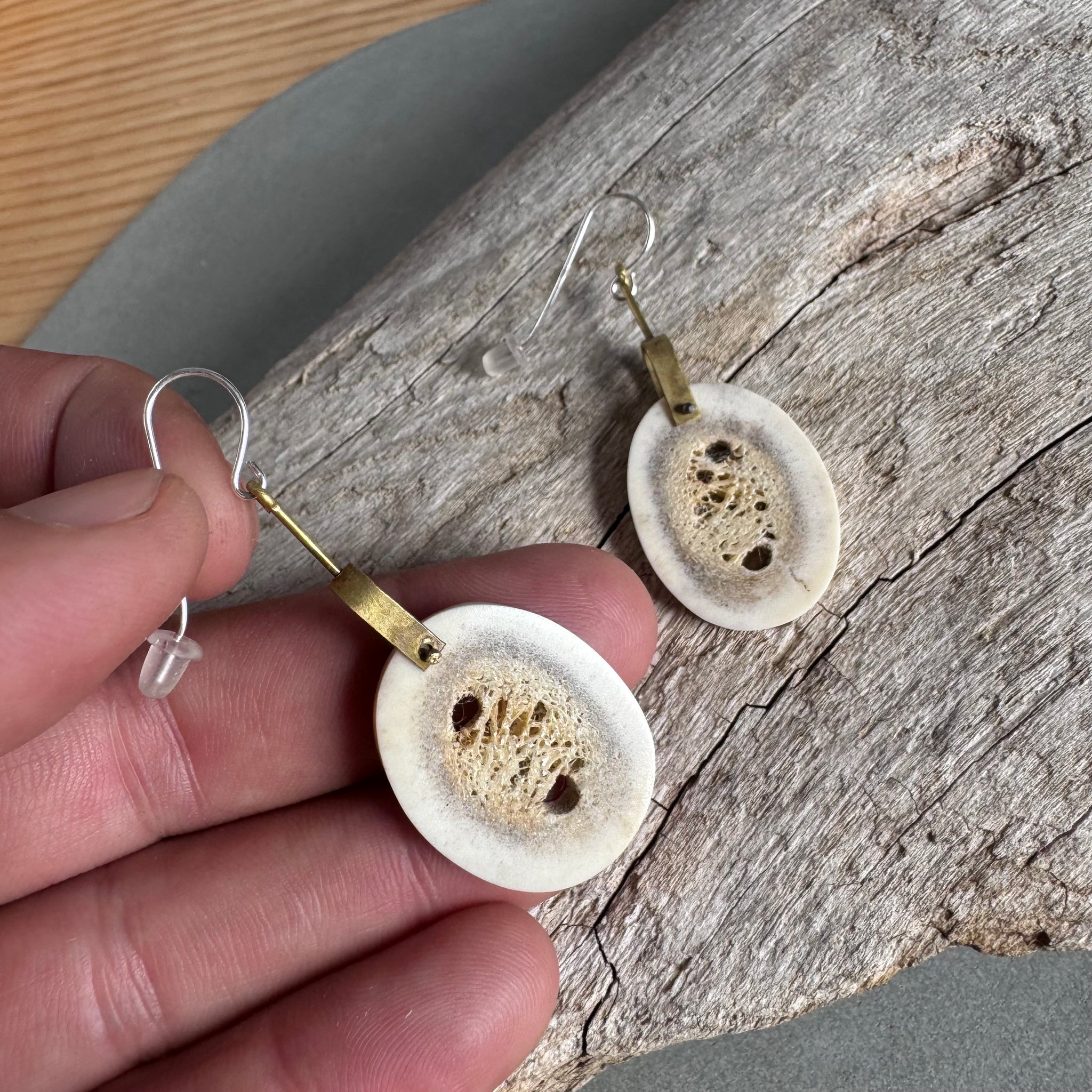 Antler Slice and Brass Drop Earrings By Eric Silva
