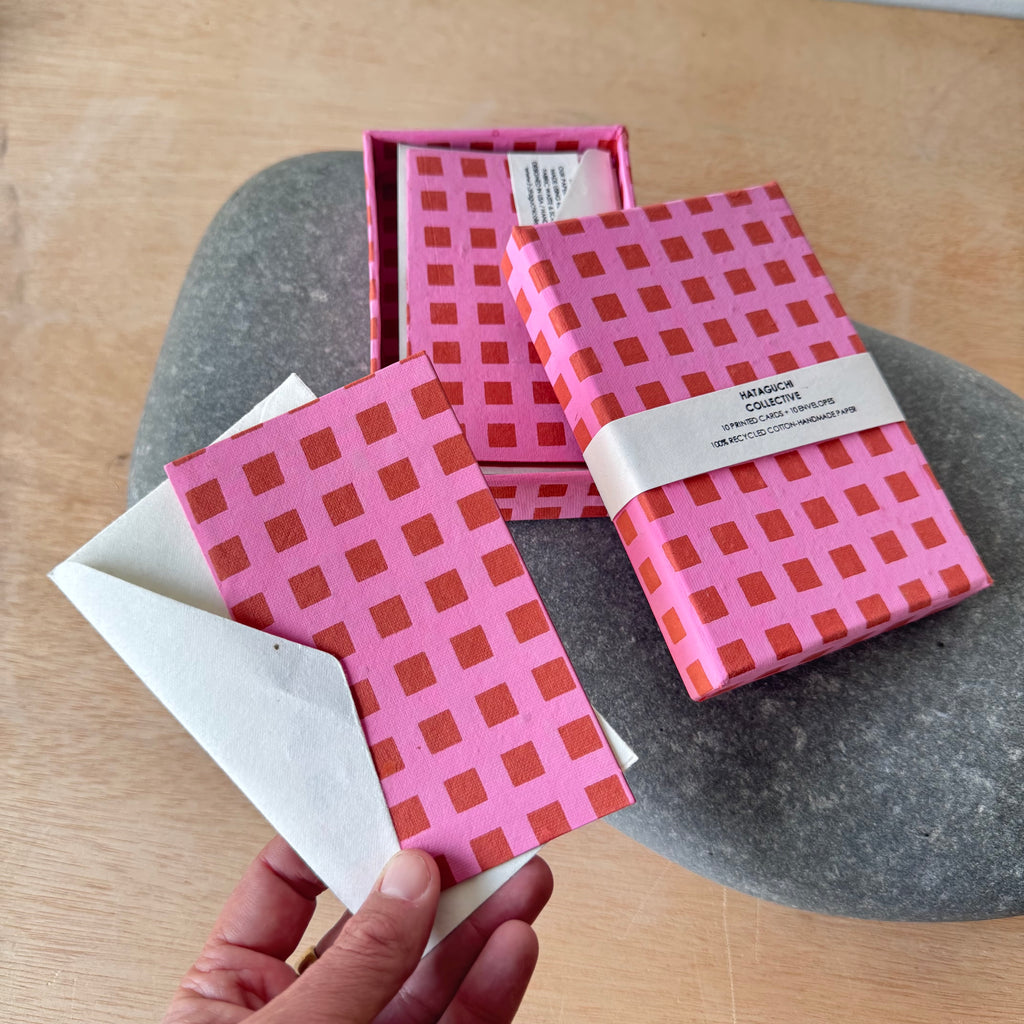 Hand Made Paper Stationery Set, Grid in Pink By Hataguchi Collective