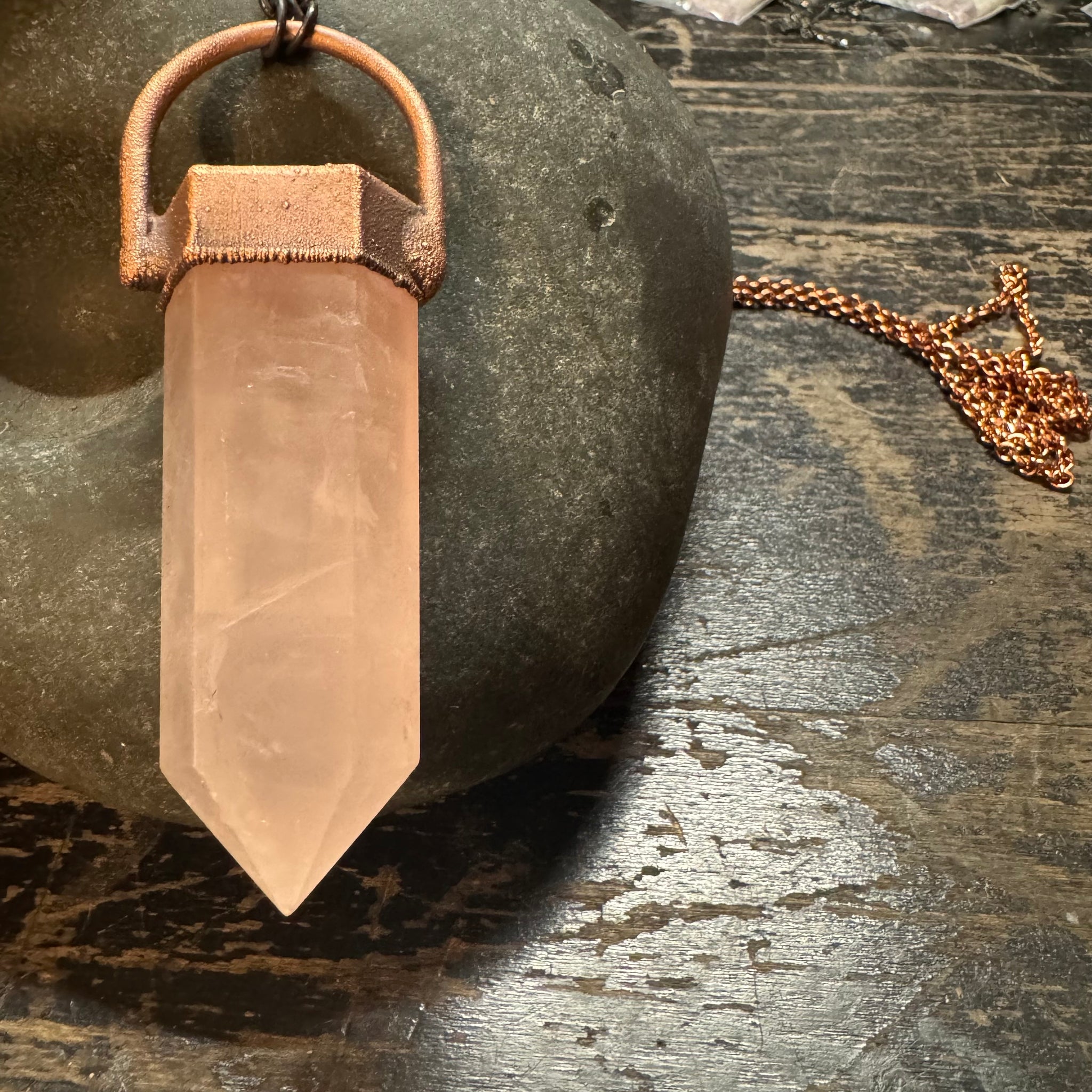 Rose Quartz Crystal Necklace on 30" Copper Chain by Hawkhouse