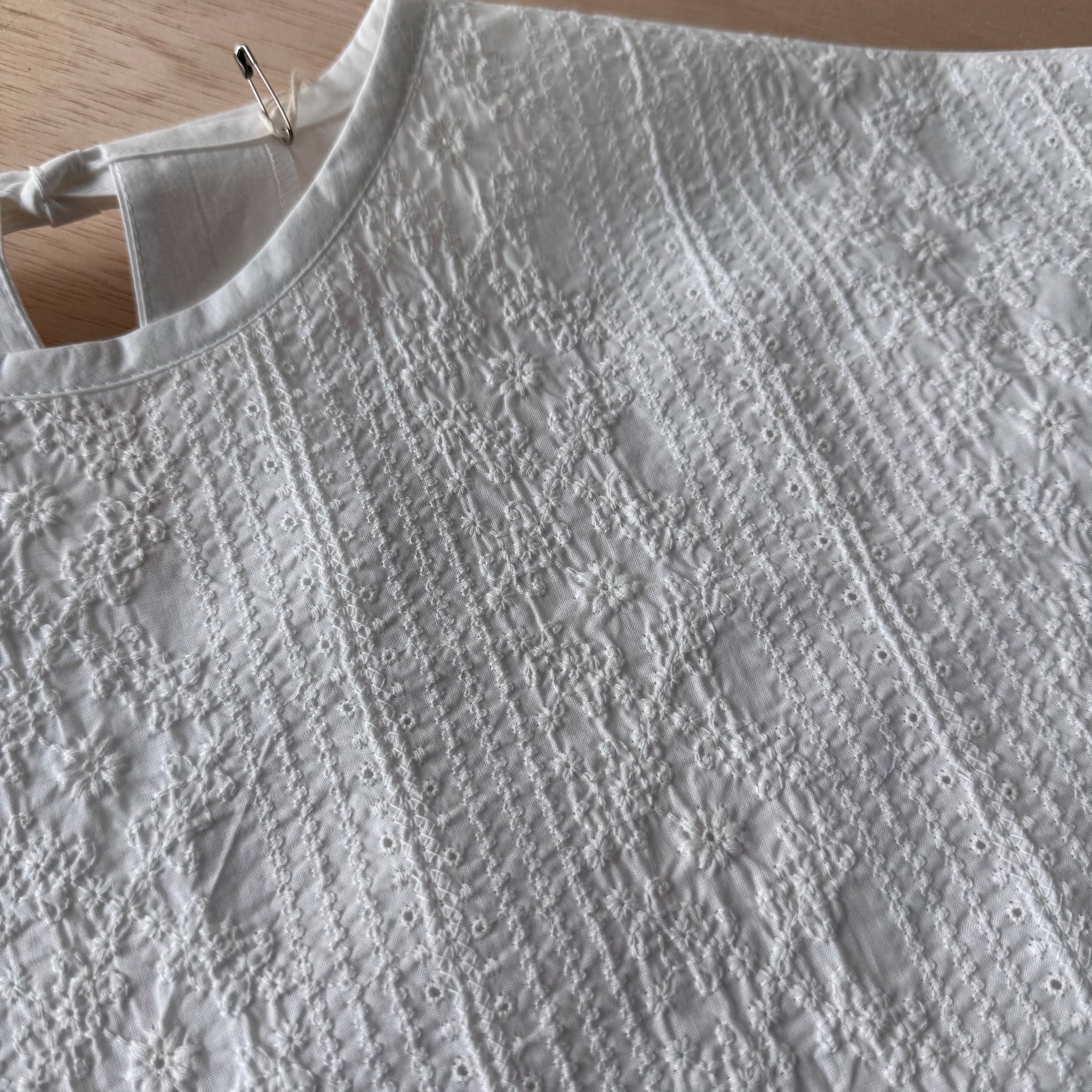 Shirring Embroidery x Poplin Back Ribbon Blouse by Sarahwear