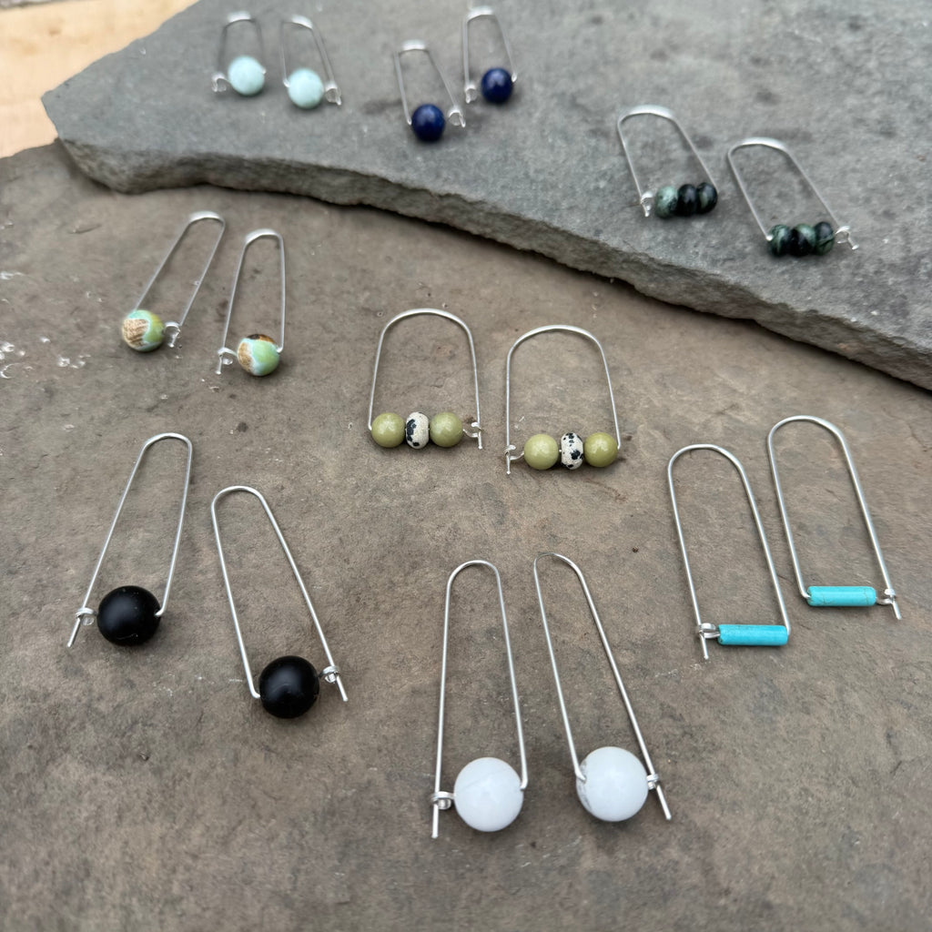 Sterling Silver Long Arch Earrings with Stones by Jovy Rockey