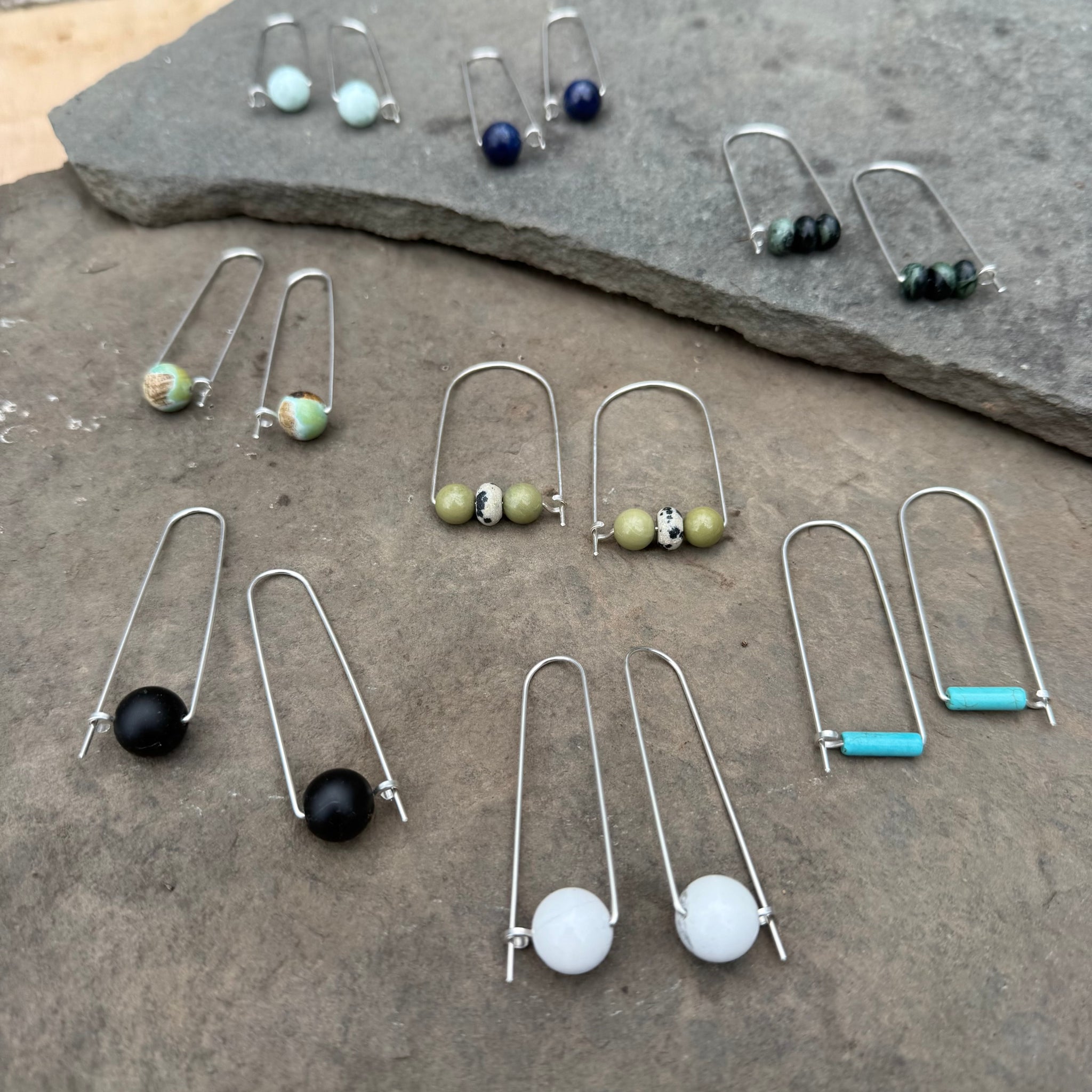 Sterling Silver Long Arch Earrings with Stones by Jovy Rockey