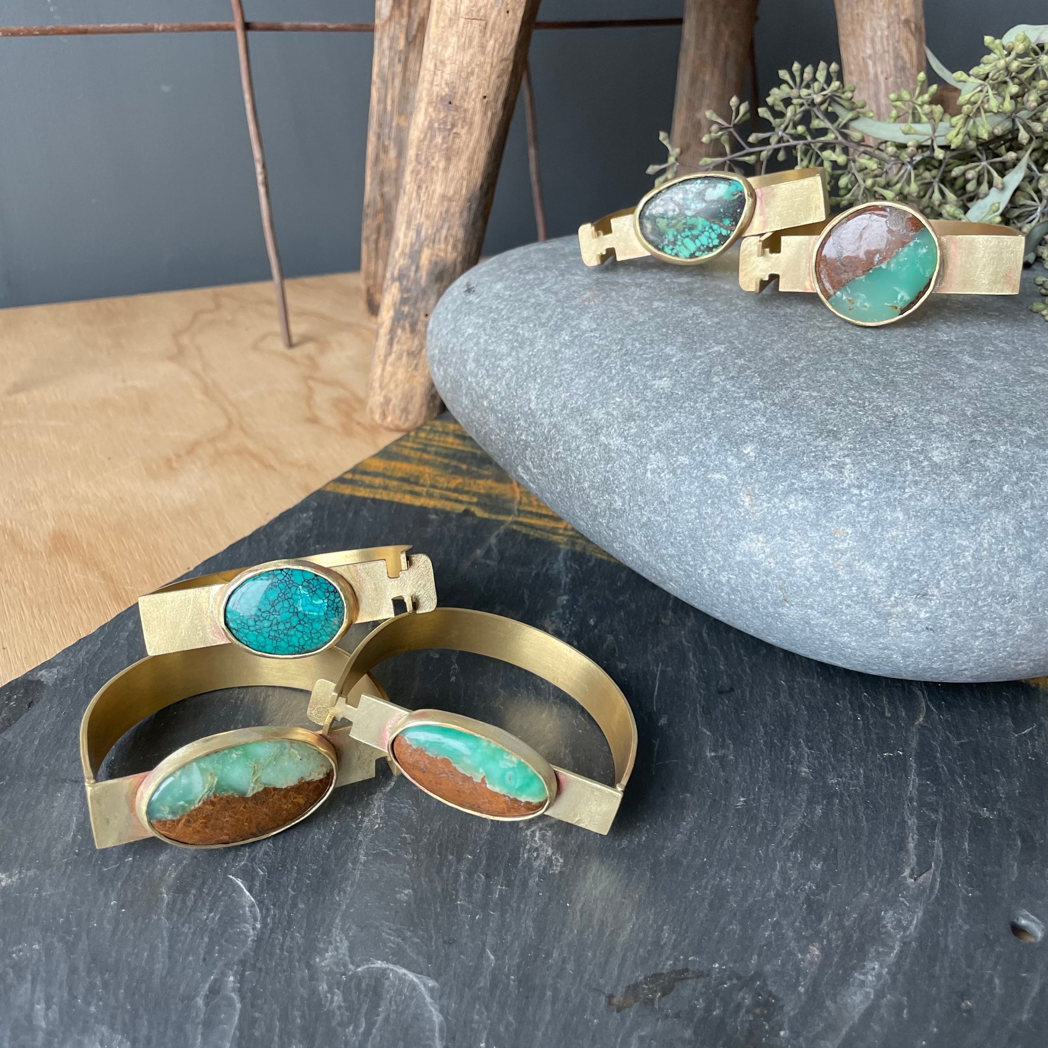 Brass Hinged Bracelet with Chrysoprase or Turquoise by Eric Silva