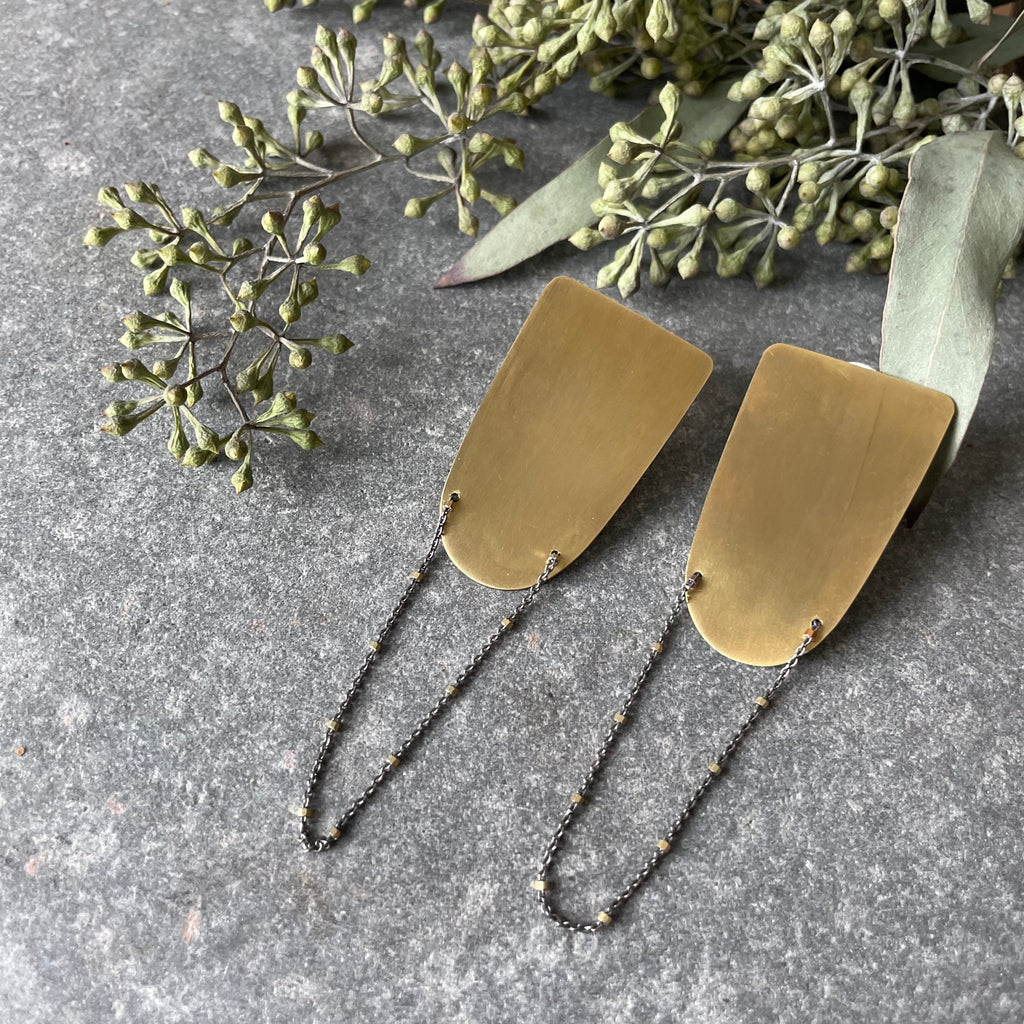 Brass Shield Stud Earrings with Chain Swing by Eric Silva