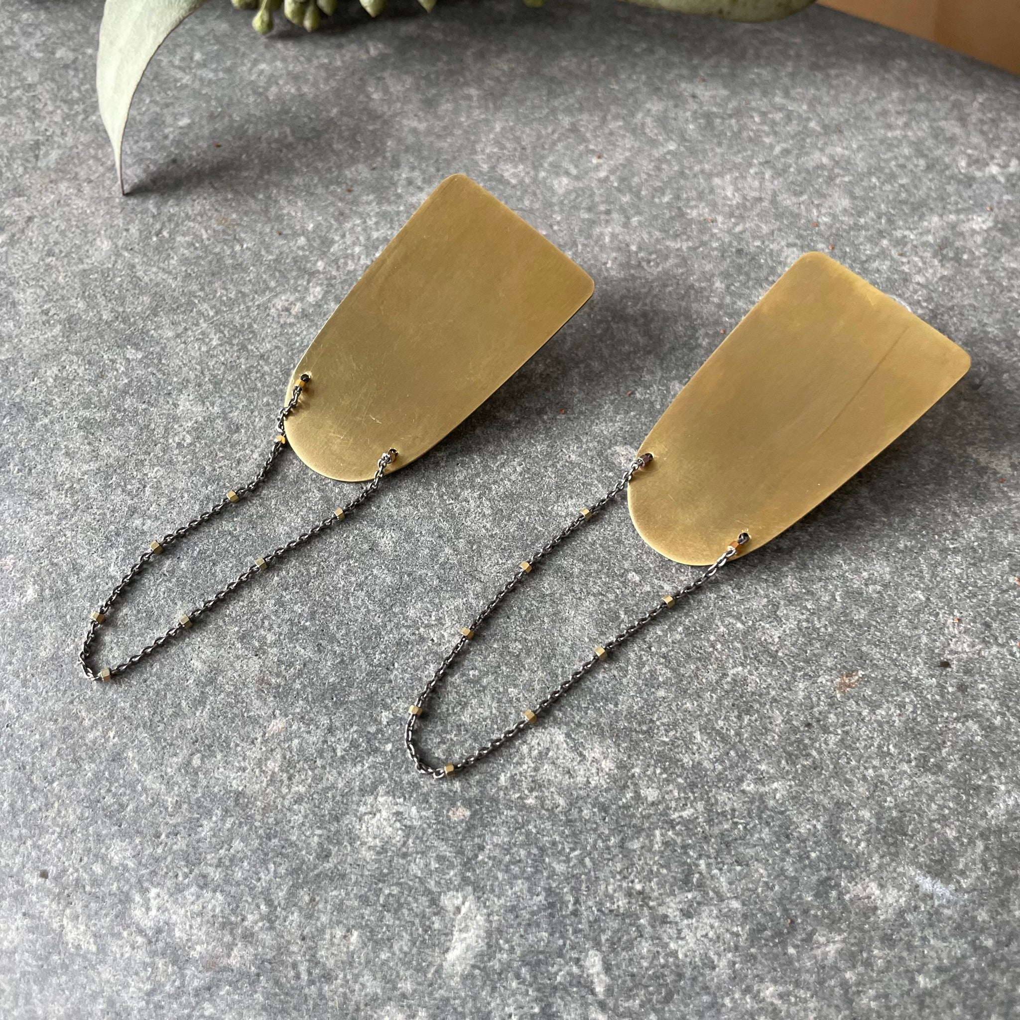 Brass Shield Stud Earrings with Chain Swing by Eric Silva