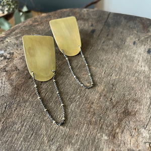 Brass Shield Stud Earrings with Chain Swing by Eric Silva