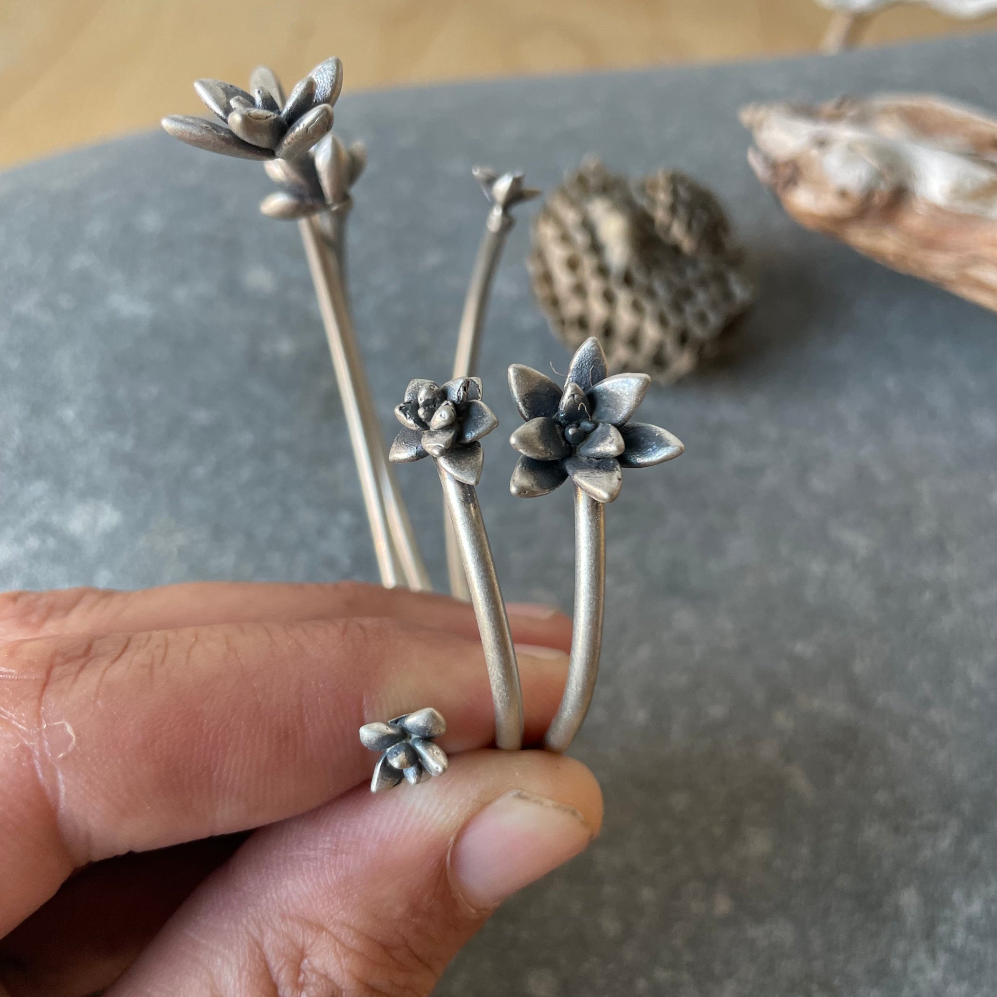 Double Floral Succulent Cuff in Sterling Silver by Tree Trunk Arts