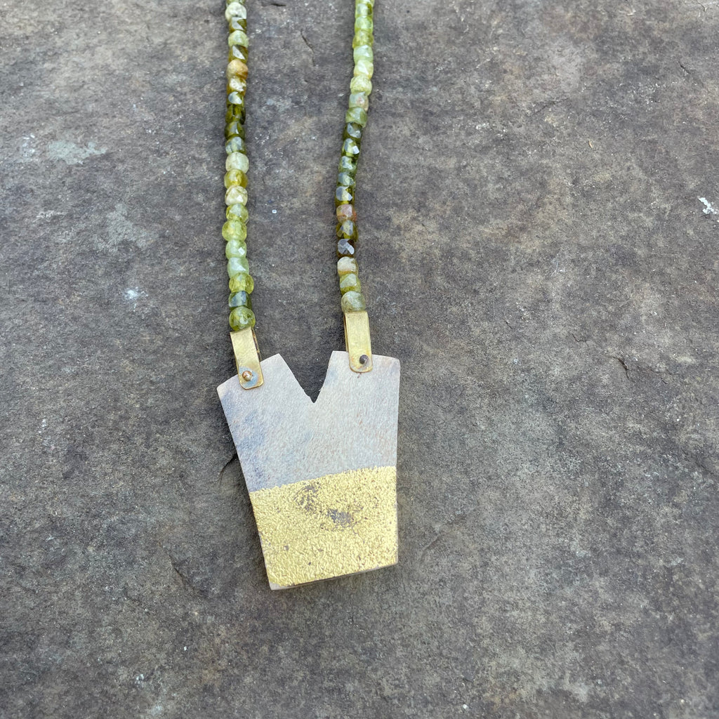 Green Garnet and Gold Leafed Antler Necklace by Eric Silva