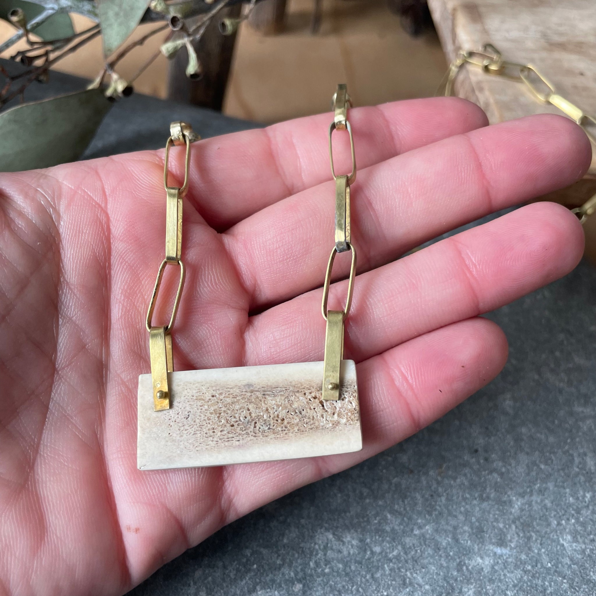 Handmade Brass Chain and Antler Bar Necklace by Eric Silva – Upstate MN