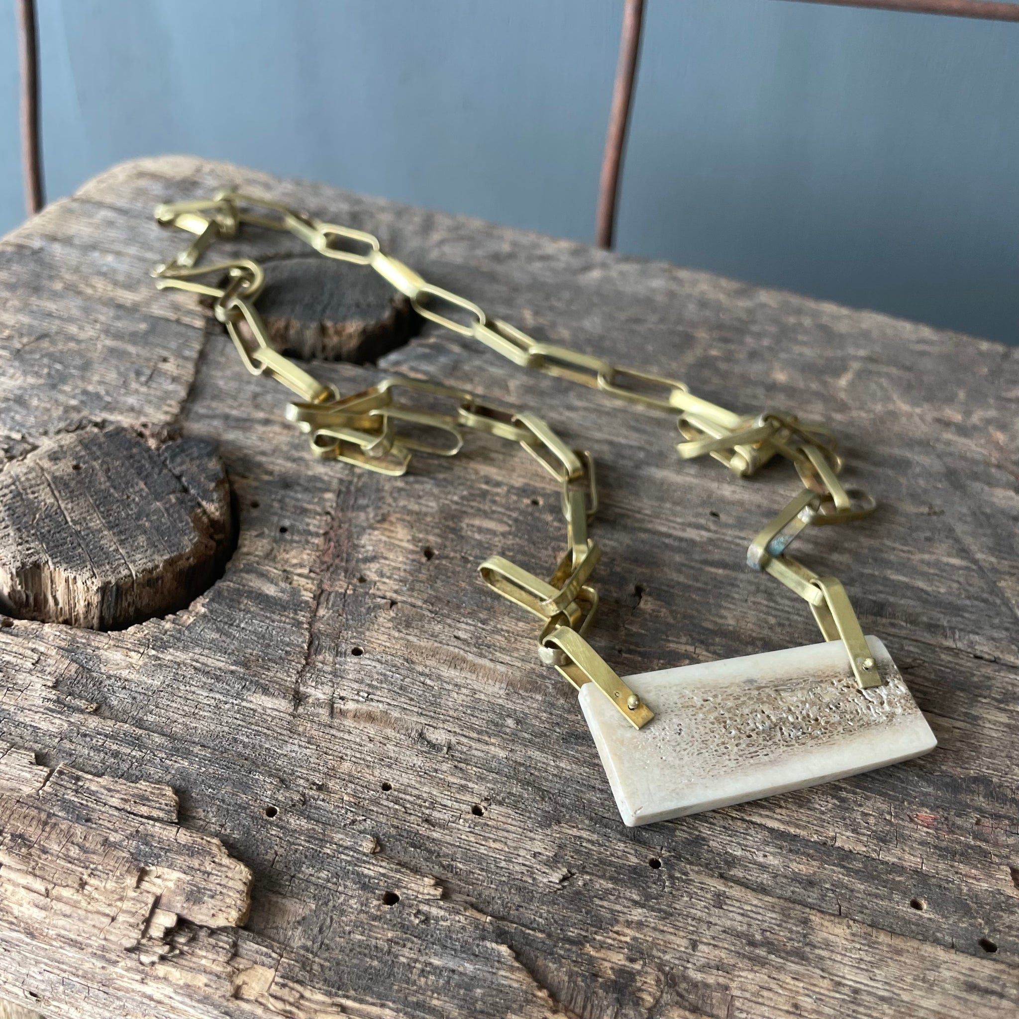 Handmade Brass Chain and Antler Bar Necklace by Eric Silva