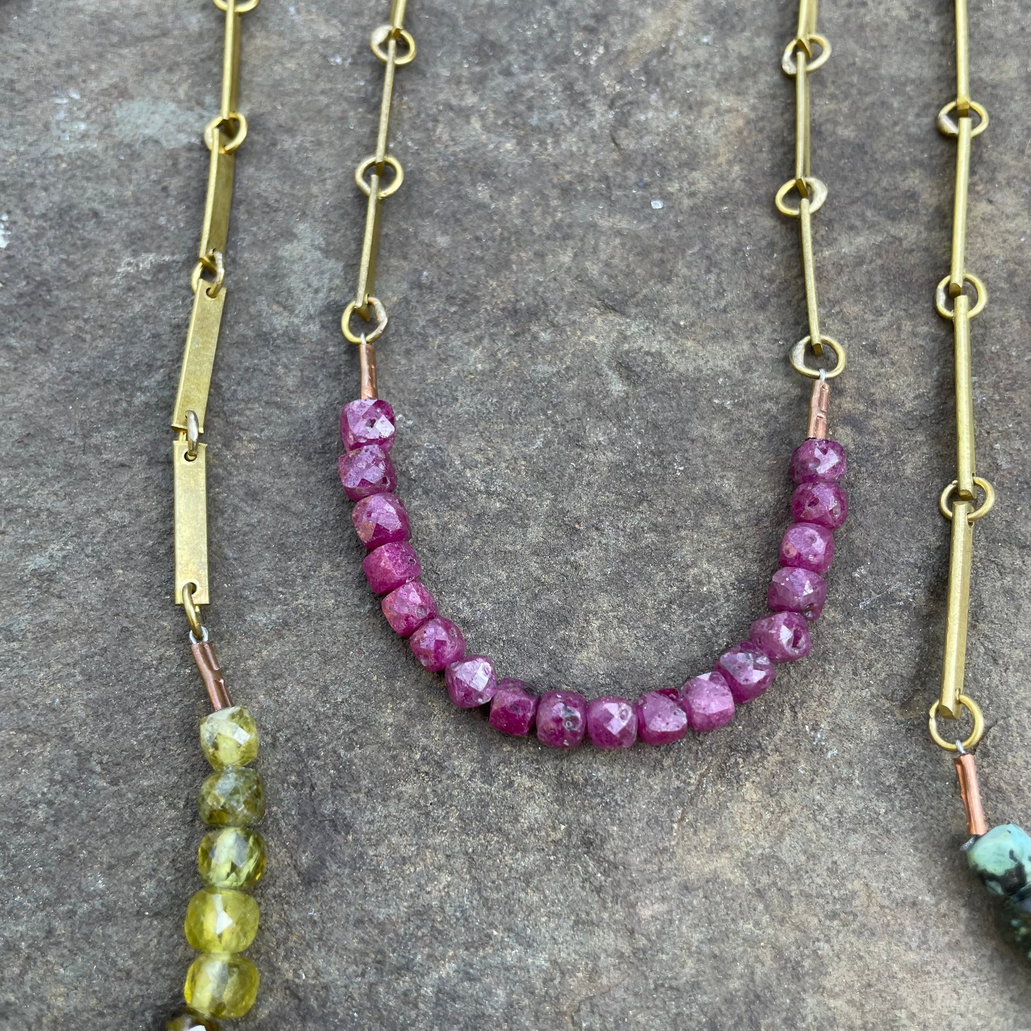 Handmade Flat Bar Brass Chain and Cubed Stone Necklace by Eric Silva