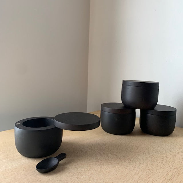 Large Ebony Toned Salt Cellar with Pivoting Lid and Scoop - Upstate MN 
