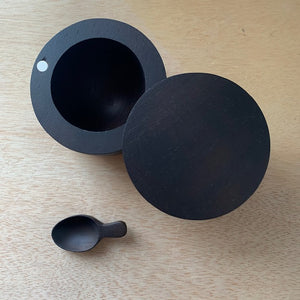 Large Ebony Toned Salt Cellar with Pivoting Lid and Scoop - Upstate MN 