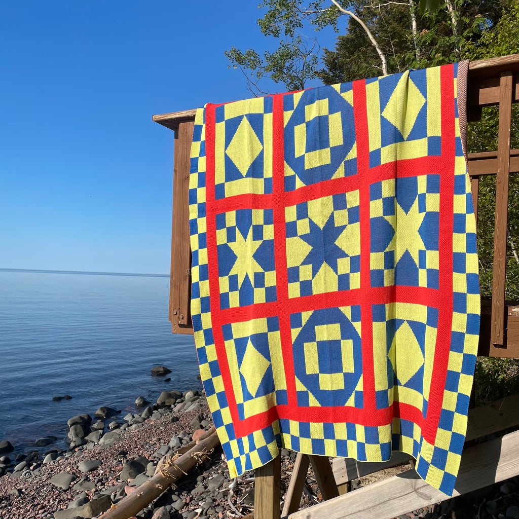 Quilt Block Throw in Lime Cobalt by Verloop Knits