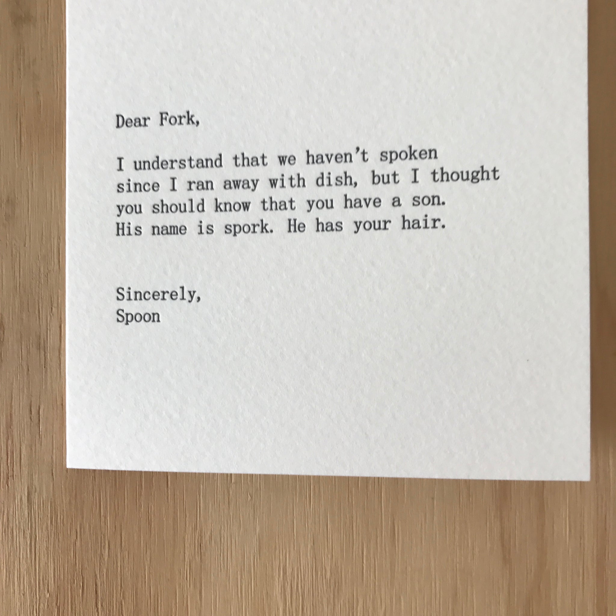 Dear Fork, Sincerely Spoon Letterpress Greeting Card by Sapling Press - Upstate MN 