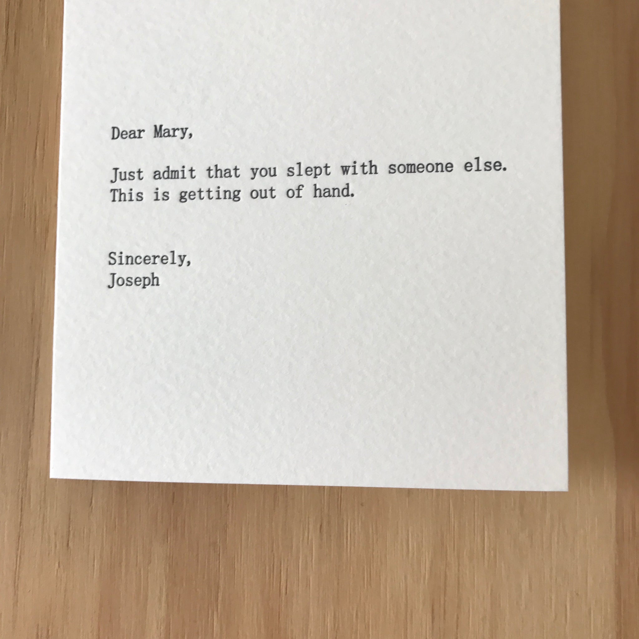 Dear Mary, Sincerely Joseph Letterpress Greeting Card by Sapling Press - Upstate MN 