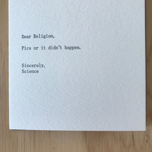 Dear Religion, Sincerely Science Letterpress Greeting Card by Sapling Press - Upstate MN 