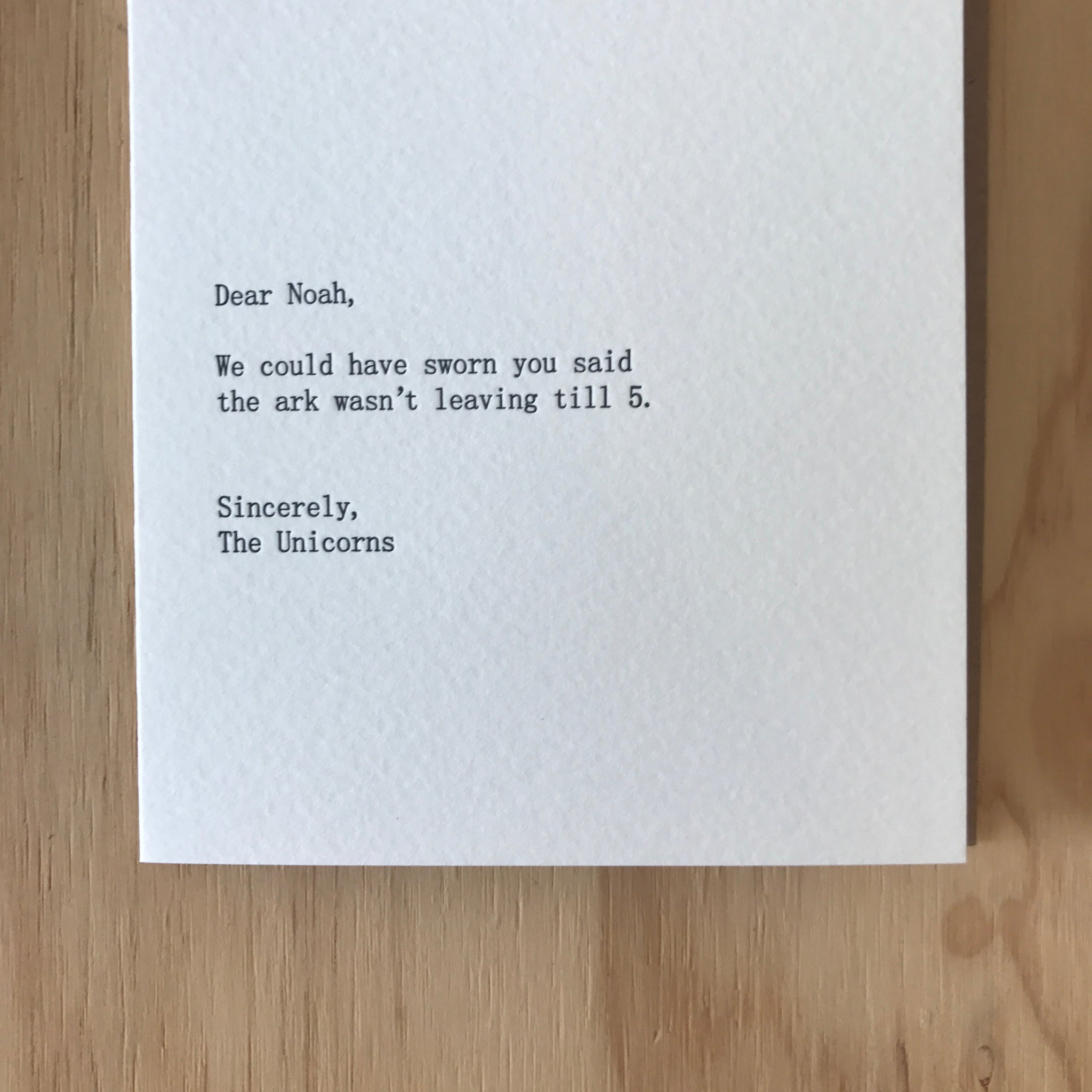 Dear Noah, Sincerely The Unicorns Letterpress Greeting Card by Sapling Press - Upstate MN 