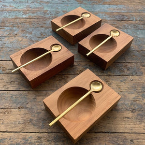 Teak Single Salt Cellar with Gold Toned Spoon - Upstate MN 