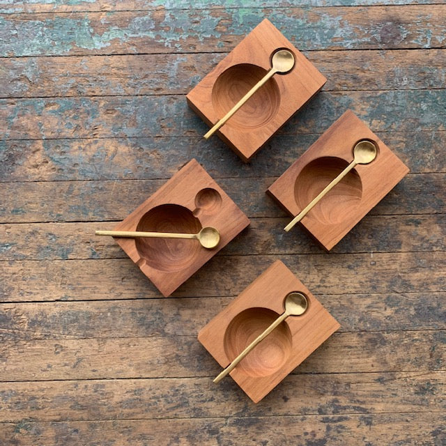 Teak Single Salt Cellar with Gold Toned Spoon - Upstate MN 