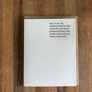 FACEBOOK FRIEND Letterpress Greeting Card by Sapling Press - Upstate MN 